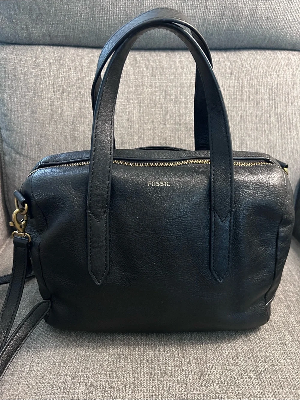 Fossil Sydney Black Leather Satchel Bag with Crossbody Strap & gold hardware